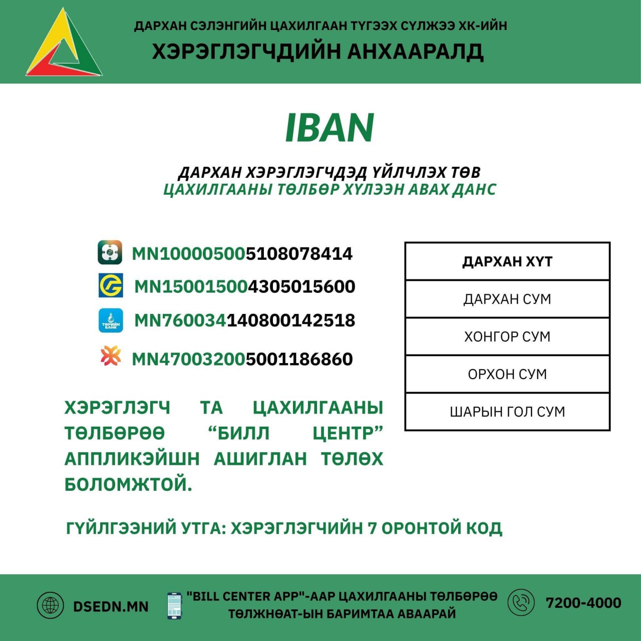 “ДСЦТС” ХК-ийн хэрэглэгчдийн цахилгааны төлбөр хүлээн авах банкны дансны дугаарууд IBAN дугаарлалттай боллоо.